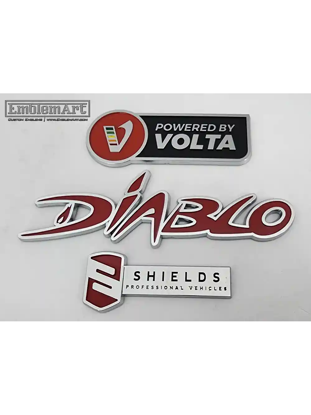 Custom Chrome Plated Emblems - Chrome Plated Red Color Fill Examples Emblem