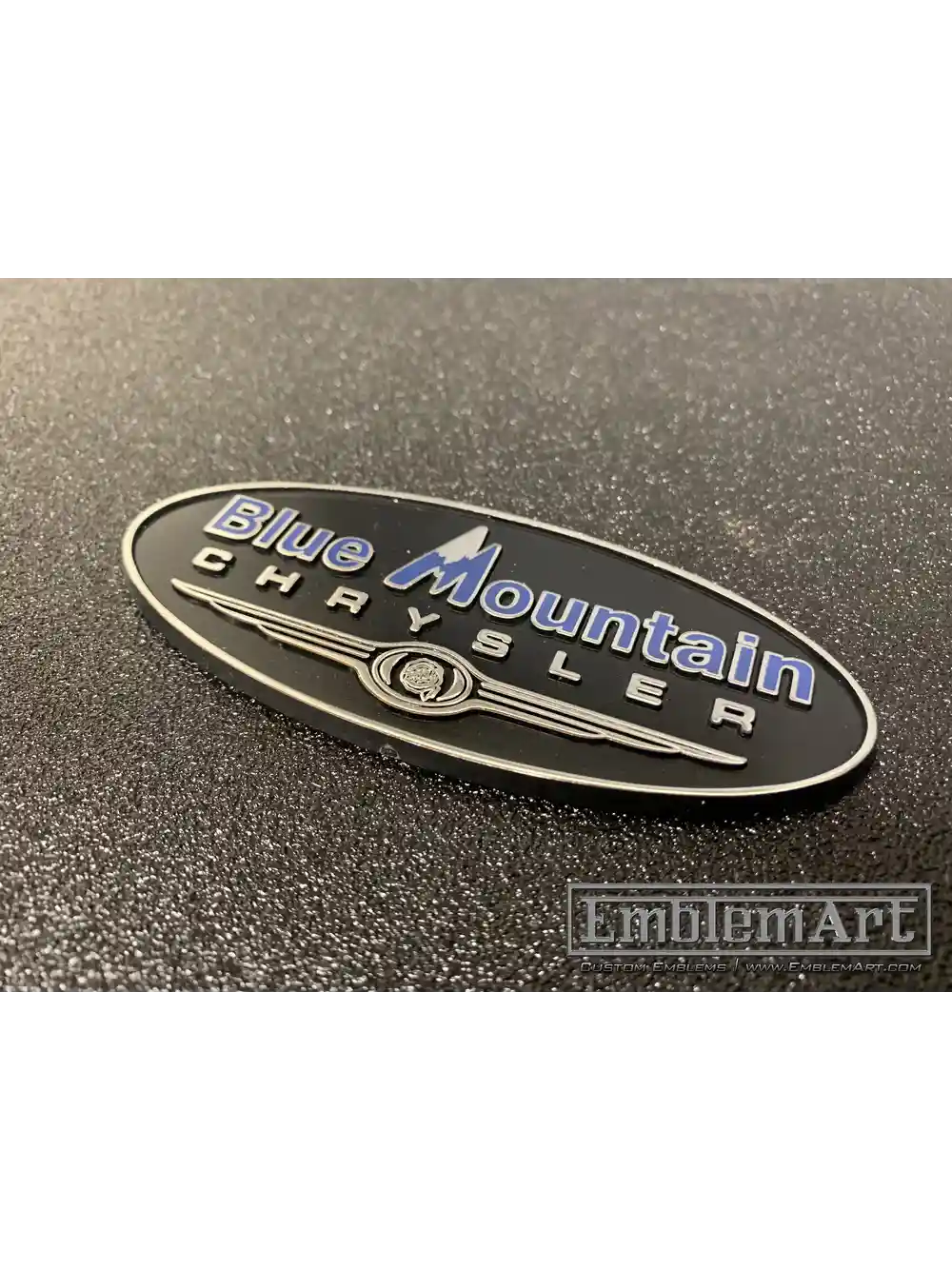 Custom Molded Plastic Emblems - Blue Mountain Molded Plastic Chrome Foil Blue Pad Emblem