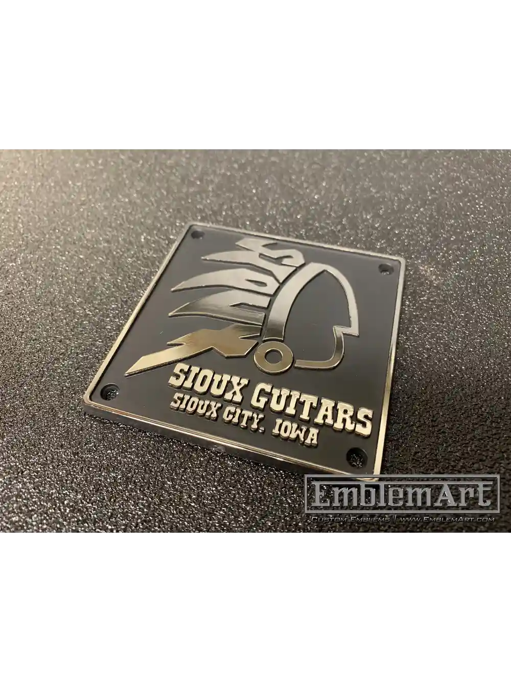 Custom Molded Plastic Emblems - Sioux Guitars Molded Plastic Chrome Foil Emblem